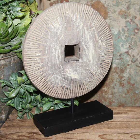 Distressed BOHO Modern Farmhouse Architectural Salvage Wood Relic Disc Finial - Picture 1 of 5